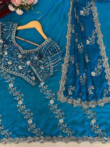 Teal Blue Fendy Silk Saree with Heavy Beads and Sequence Work for Wedding Wear Designer Wedding Sarees Wholesale