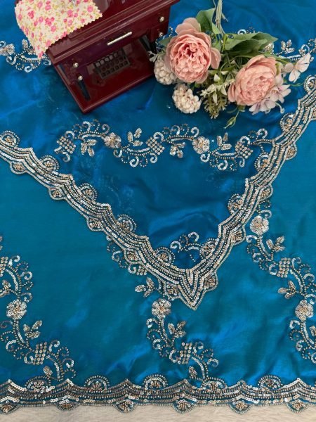 Teal Blue Fendy Silk Saree with Heavy Beads and Sequence Work for Wedding Wear Designer Wedding Sarees Wholesale