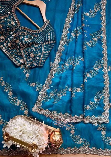 Teal Blue Fendy Silk Saree with Heavy Beads and Sequence Work for Wedding Wear Designer Wedding Sarees Wholesale