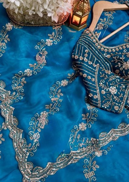 Teal Blue Fendy Silk Saree with Heavy Beads and Sequence Work for Wedding Wear Designer Wedding Sarees Wholesale