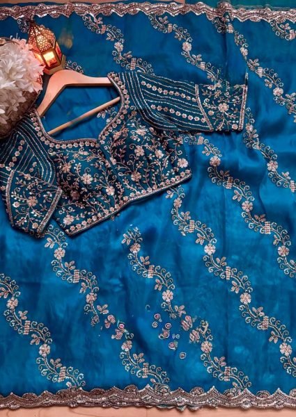 Teal Blue Fendy Silk Saree with Heavy Beads and Sequence Work for Wedding Wear Designer Wedding Sarees Wholesale