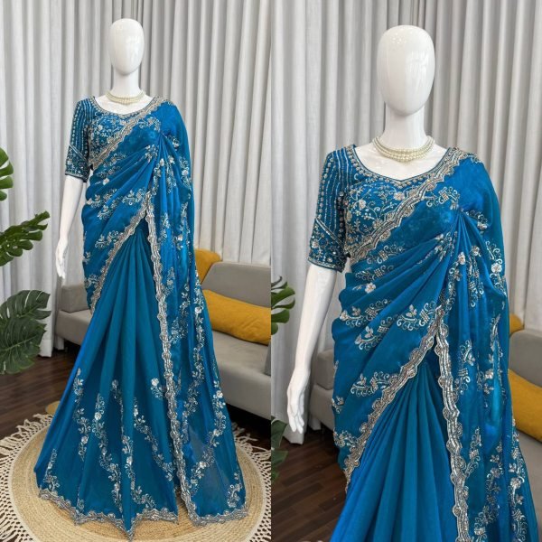 Teal Blue Fendy Silk Saree with Heavy Beads and Sequence Work for Wedding Wear Designer Wedding Sarees Wholesale