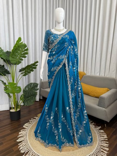 Teal Blue Fendy Silk Saree with Heavy Beads and Sequence Work for Wedding Wear Designer Wedding Sarees Wholesale