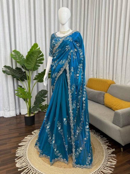 Teal Blue Fendy Silk Saree with Heavy Beads and Sequence Work for Wedding Wear Designer Wedding Sarees Wholesale