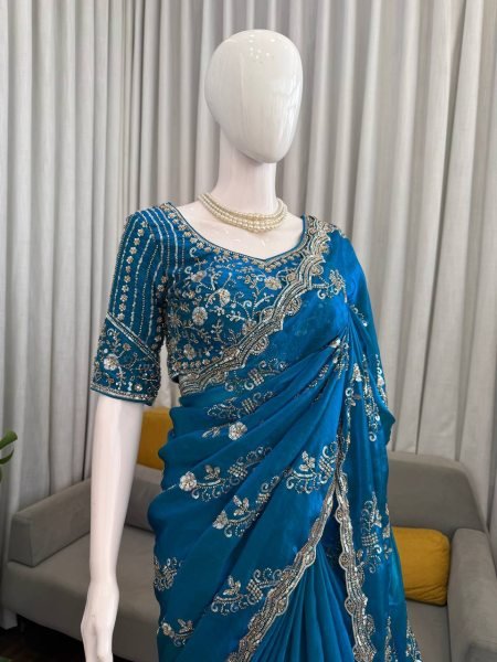 Teal Blue Fendy Silk Saree with Heavy Beads and Sequence Work for Wedding Wear Designer Wedding Sarees Wholesale