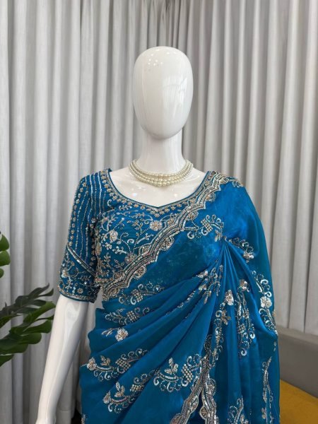 Teal Blue Fendy Silk Saree with Heavy Beads and Sequence Work for Wedding Wear Designer Wedding Sarees Wholesale