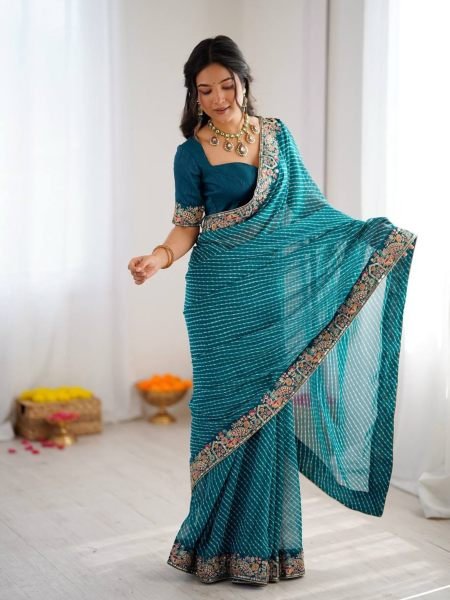 Teal Blue Georgette Bandhani Print Saree with Embroidered Blouse For Wedding Sarees 