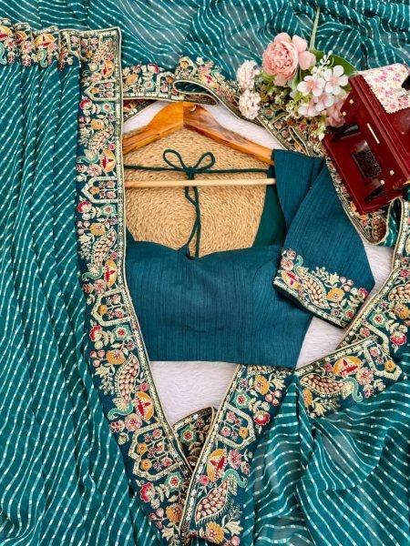 Teal Blue Georgette Bandhani Print Saree with Embroidered Blouse For Wedding Georgette Sarees Wholesale