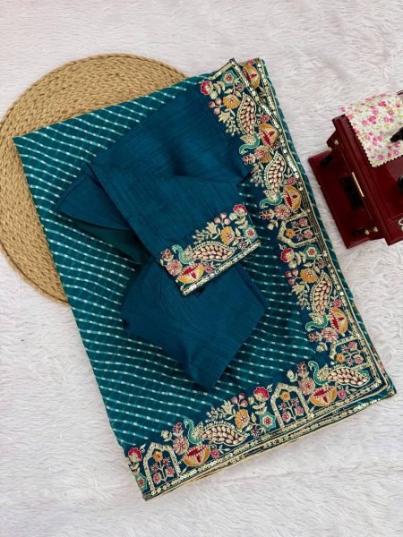 Teal Blue Georgette Bandhani Print Saree with Embroidered Blouse For Wedding Georgette Sarees Wholesale