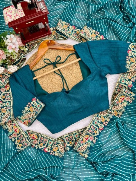 Teal Blue Georgette Bandhani Print Saree with Embroidered Blouse For Wedding Georgette Sarees Wholesale