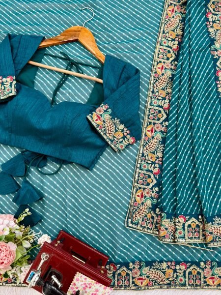 Teal Blue Georgette Bandhani Print Saree with Embroidered Blouse For Wedding Georgette Sarees Wholesale