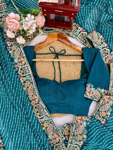 Teal Blue Georgette Bandhani Print Saree with Embroidered Blouse For Wedding Georgette Sarees Wholesale