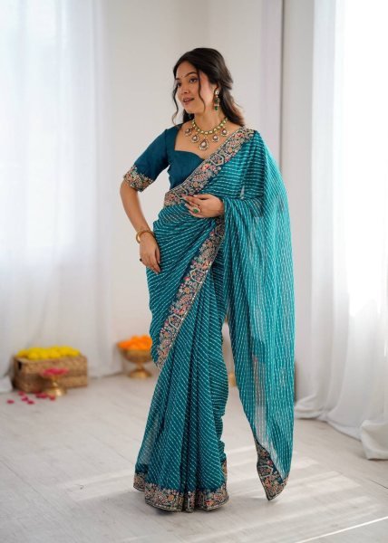 Teal Blue Georgette Bandhani Print Saree with Embroidered Blouse For Wedding Georgette Sarees Wholesale