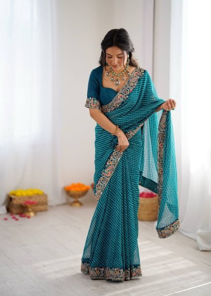 Teal Blue Georgette Bandhani Print Saree with Embroidered Blouse For Wedding Georgette Sarees Wholesale