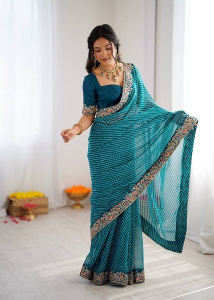 Teal Blue Georgette Bandhani Print Saree with Embroidered Blouse For Wedding Georgette Sarees Wholesale