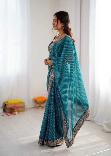 Teal Blue Georgette Bandhani Print Saree with Embroidered Blouse For Wedding Georgette Sarees Wholesale