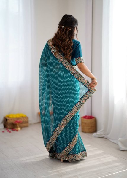 Teal Blue Georgette Bandhani Print Saree with Embroidered Blouse For Wedding Georgette Sarees Wholesale