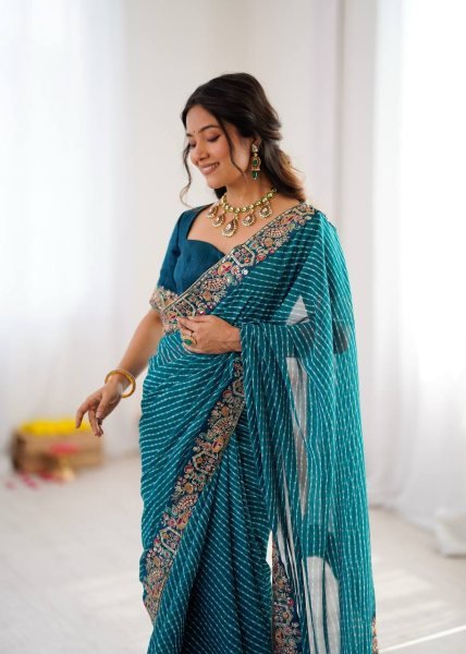 Teal Blue Georgette Bandhani Print Saree with Embroidered Blouse For Wedding Georgette Sarees Wholesale