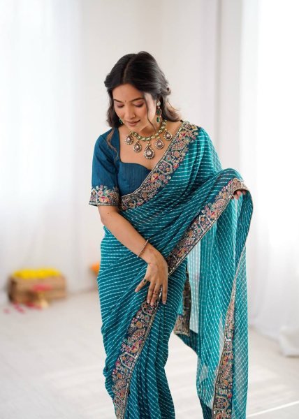 Teal Blue Georgette Bandhani Print Saree with Embroidered Blouse For Wedding Georgette Sarees Wholesale