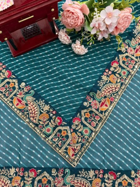Teal Blue Georgette Bandhani Print Saree with Embroidered Blouse For Wedding Georgette Sarees Wholesale