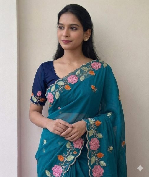 Teal Blue Georgette Floral Embroidered Saree for Weddings And Parties Embroidery Sarees Wholesale