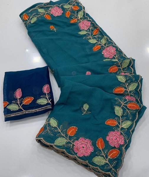 Teal Blue Georgette Floral Embroidered Saree for Weddings And Parties Embroidery Sarees Wholesale
