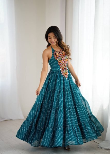 Teal Blue Georgette Gown with Gamthi Embroidery and Mirror Work Navratri Special Navratri Collection