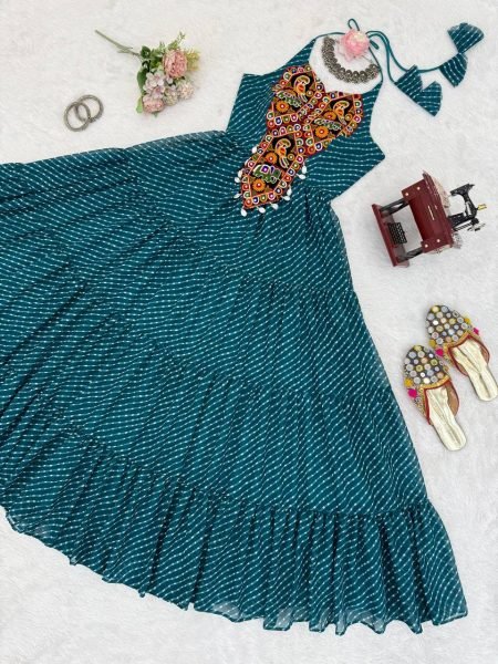 Teal Blue Georgette Gown with Gamthi Embroidery and Mirror Work Navratri Special Navratri Collection