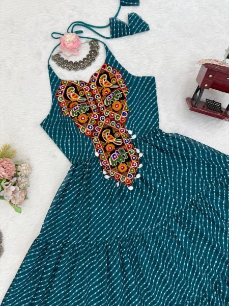 Teal Blue Georgette Gown with Gamthi Embroidery and Mirror Work Navratri Special Navratri Collection
