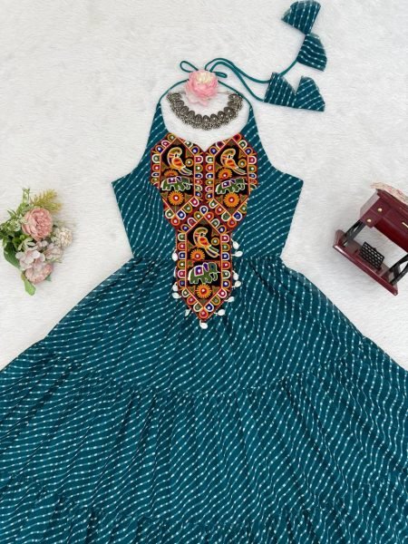 Teal Blue Georgette Gown with Gamthi Embroidery and Mirror Work Navratri Special Navratri Collection