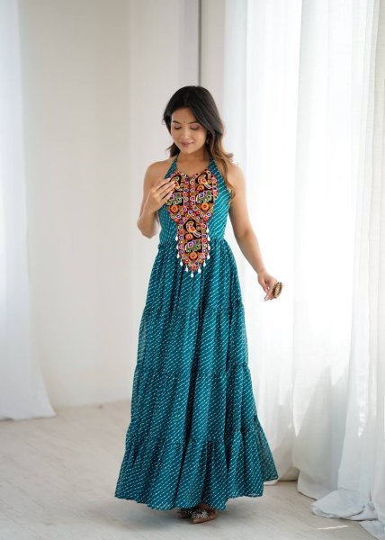 Teal Blue Georgette Gown with Gamthi Embroidery and Mirror Work Navratri Special Navratri Collection