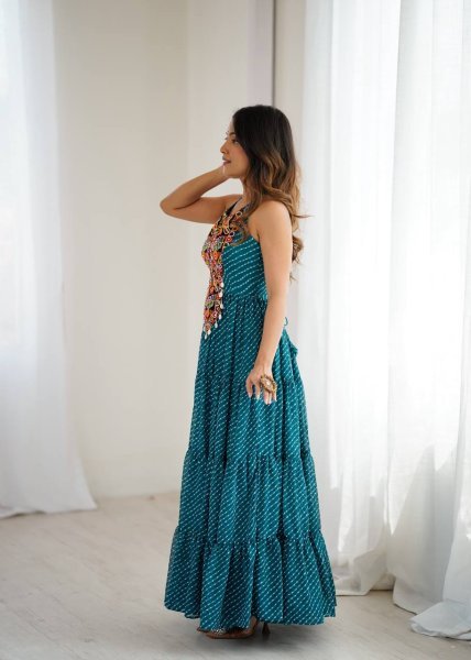 Teal Blue Georgette Gown with Gamthi Embroidery and Mirror Work Navratri Special Navratri Collection