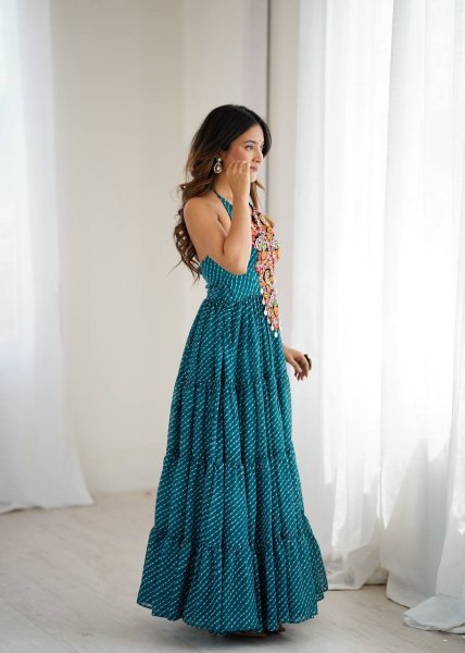 Teal Blue Georgette Gown with Gamthi Embroidery and Mirror Work Navratri Special Navratri Collection