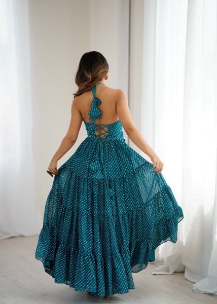 Teal Blue Georgette Gown with Gamthi Embroidery and Mirror Work Navratri Special Navratri Collection