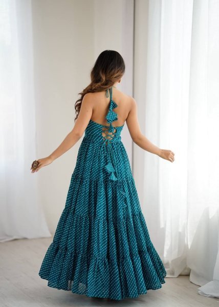 Teal Blue Georgette Gown with Gamthi Embroidery and Mirror Work Navratri Special Navratri Collection