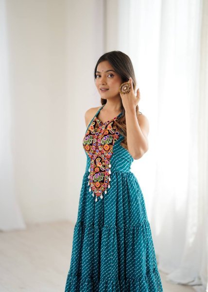 Teal Blue Georgette Gown with Gamthi Embroidery and Mirror Work Navratri Special Navratri Collection