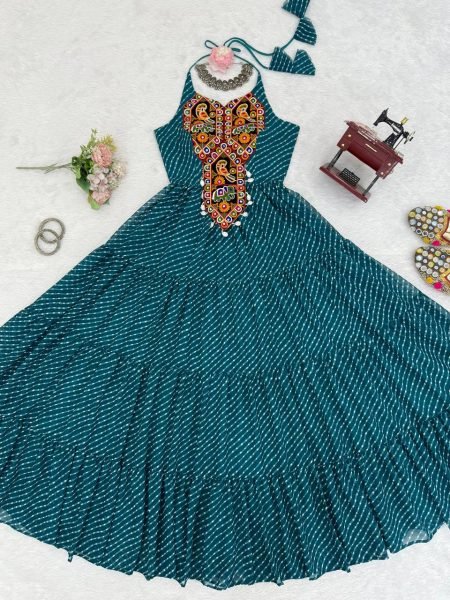 Teal Blue Georgette Gown with Gamthi Embroidery and Mirror Work Navratri Special Navratri Collection