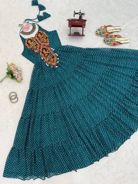 Teal Blue Georgette Gown with Gamthi Embroidery and Mirror Work Navratri Special Navratri Collection