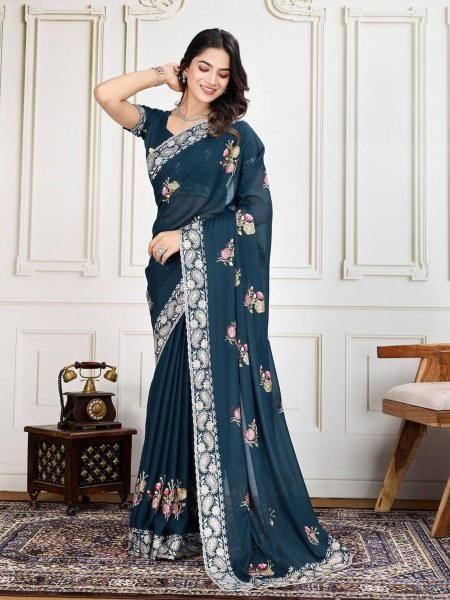 teal blue georgette party saree with fine thread embroidery elegant glam edition
