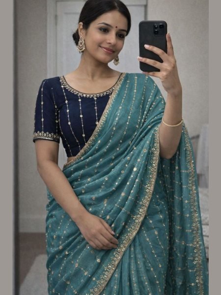 Teal Blue Graceful Saree with Minimal Sequin Work Design And Blouse Sarees 
