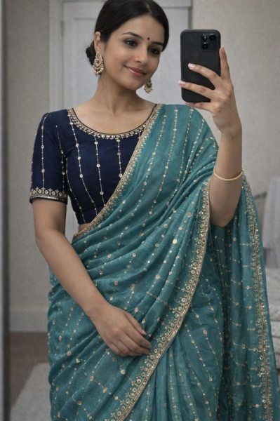 Teal Blue Graceful Saree with Minimal Sequin Work Design And Blouse Silk Sarees Wholesale