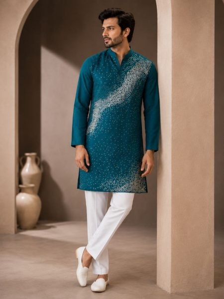 Teal Blue Men   s Crunchy Fabric Kurta Pajama Set with Beads Work For Wedding 