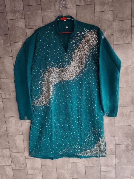 Teal Blue Men   s Crunchy Fabric Kurta Pajama Set with Beads Work For Wedding Kurta Pajama Wholesale