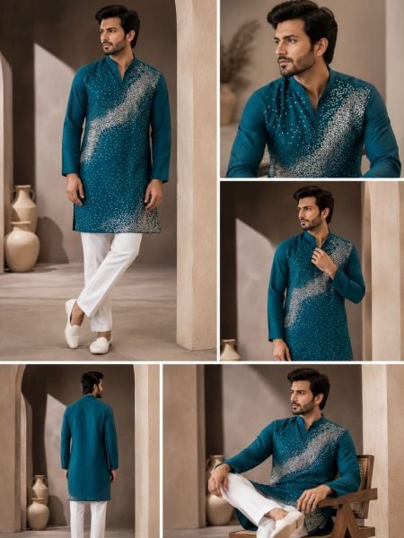 Teal Blue Men   s Crunchy Fabric Kurta Pajama Set with Beads Work For Wedding Kurta Pajama Wholesale