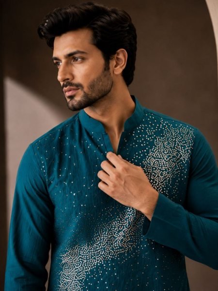Teal Blue Men   s Crunchy Fabric Kurta Pajama Set with Beads Work For Wedding Kurta Pajama Wholesale
