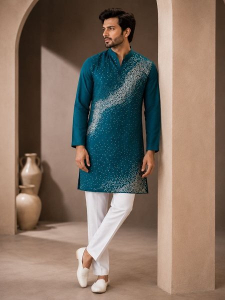 Teal Blue Men   s Crunchy Fabric Kurta Pajama Set with Beads Work For Wedding Kurta Pajama Wholesale