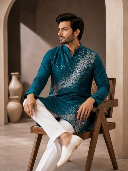 Teal Blue Men   s Crunchy Fabric Kurta Pajama Set with Beads Work For Wedding Kurta Pajama Wholesale