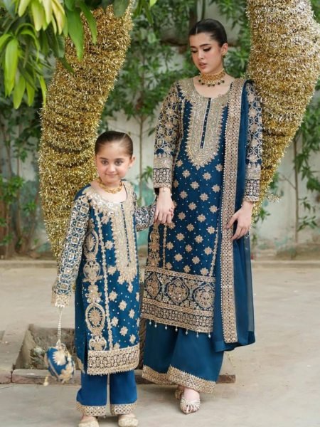Teal Blue Mom Daughter Combo Suit with Embroidery and Dupatta ReadyMade Pakistani Style Sarees 