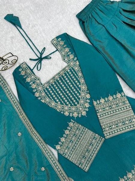Teal Blue NC Vichitra Silk Farshi Salwar Suit with Embroidery Dori Work for Festive Wear Ready To Wear Collection