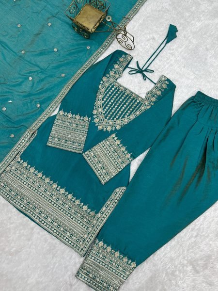 Teal Blue NC Vichitra Silk Farshi Salwar Suit with Embroidery Dori Work for Festive Wear Ready To Wear Collection